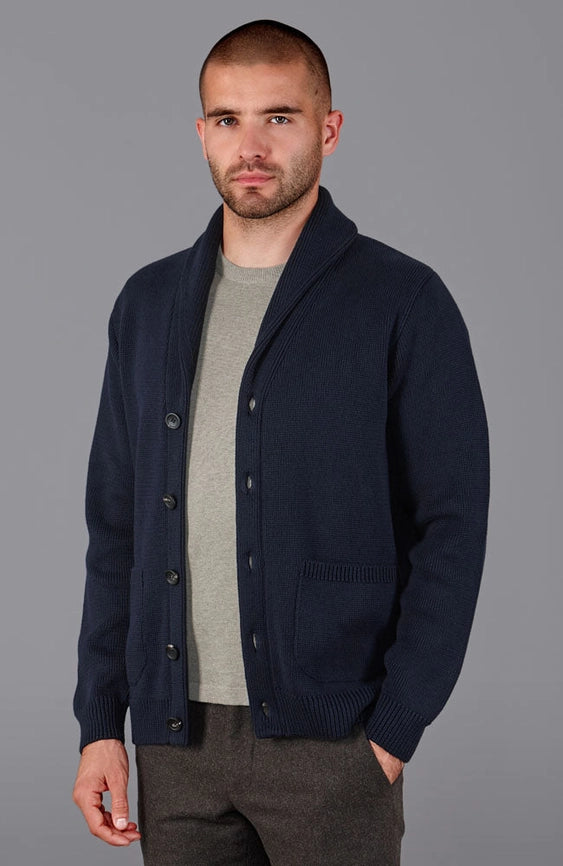 Mens Midweight 100% Cotton Shawl Collar Cardigan Navy-Cardigan-Paul James Knitwear-S-Navy-Urbanheer
