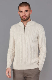 Mens Midweight Cotton Cable Zip Neck Jumper Ecru-Jumper-Paul James Knitwear-S-Ecru-Urbanheer