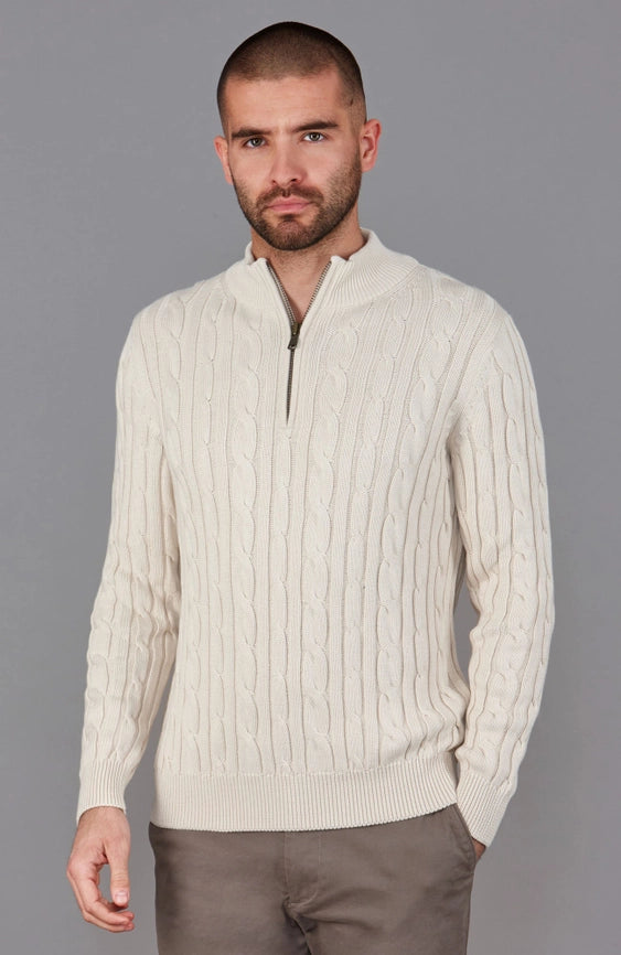 Mens Midweight Cotton Cable Zip Neck Jumper Ecru-Jumper-Paul James Knitwear-S-Ecru-Urbanheer