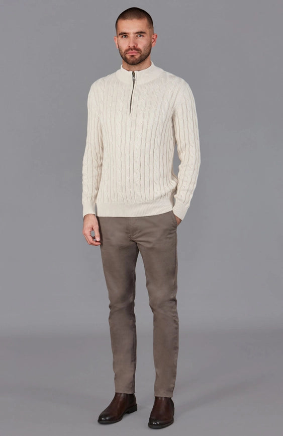 Mens Midweight Cotton Cable Zip Neck Jumper Ecru-Jumper-Paul James Knitwear-S-Ecru-Urbanheer