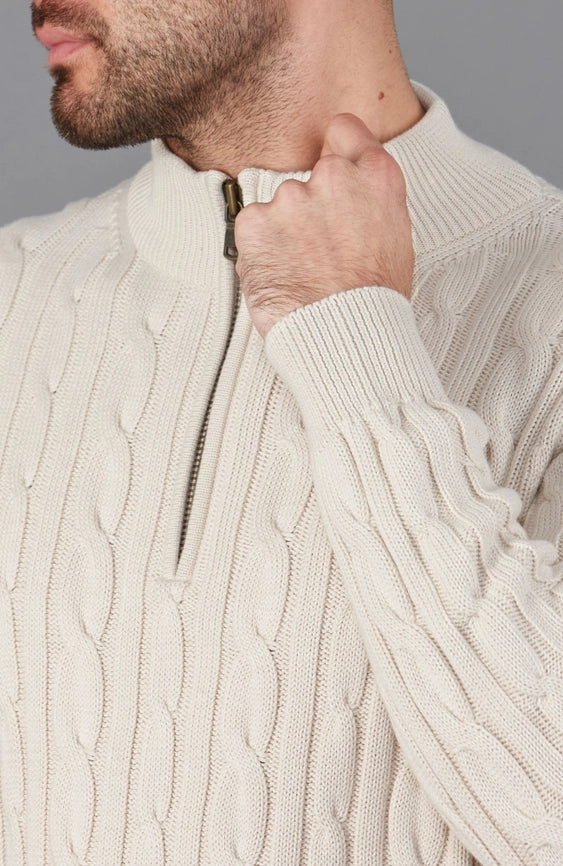 Mens Midweight Cotton Cable Zip Neck Jumper Ecru-Jumper-Paul James Knitwear-S-Ecru-Urbanheer