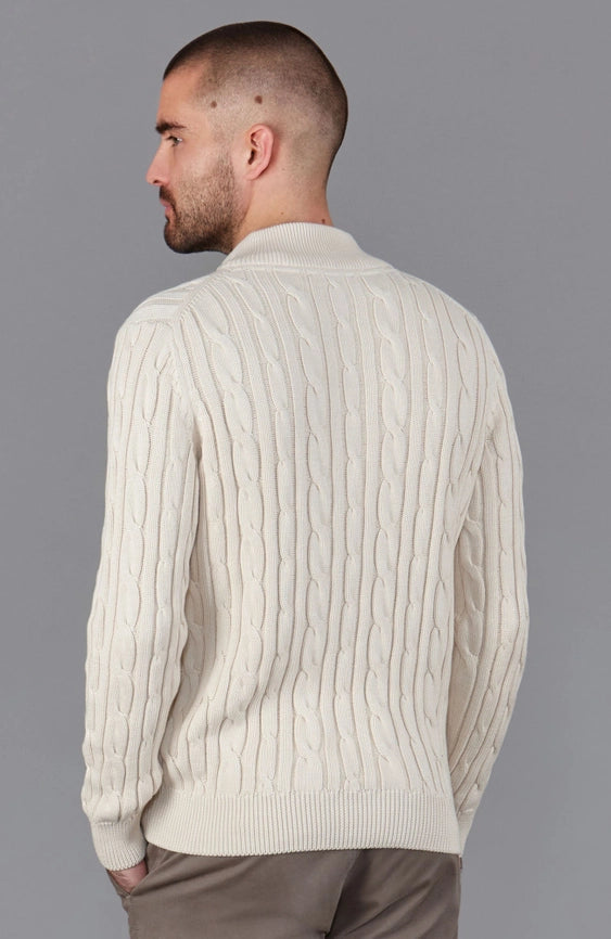 Mens Midweight Cotton Cable Zip Neck Jumper Ecru-Jumper-Paul James Knitwear-S-Ecru-Urbanheer
