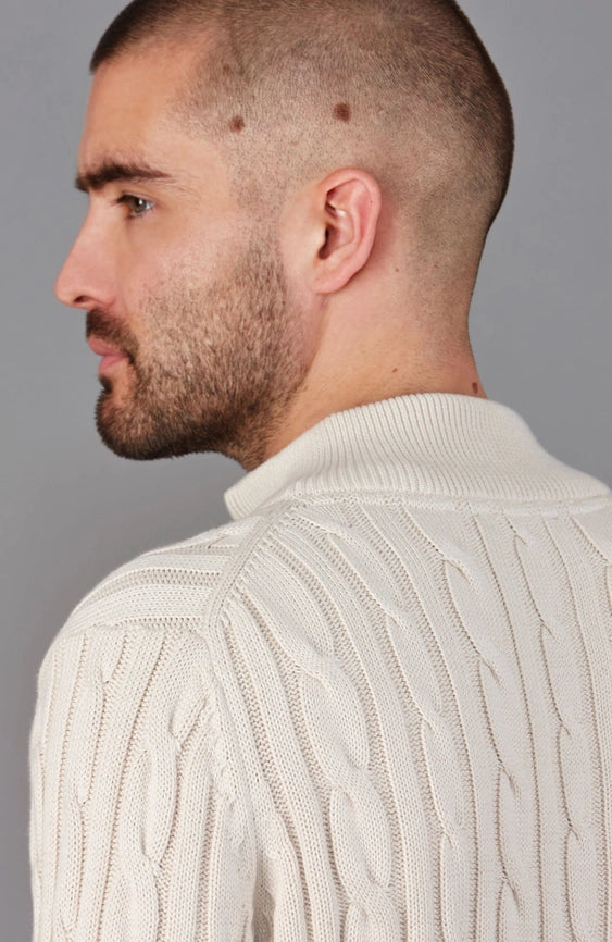 Mens Midweight Cotton Cable Zip Neck Jumper Ecru-Jumper-Paul James Knitwear-S-Ecru-Urbanheer