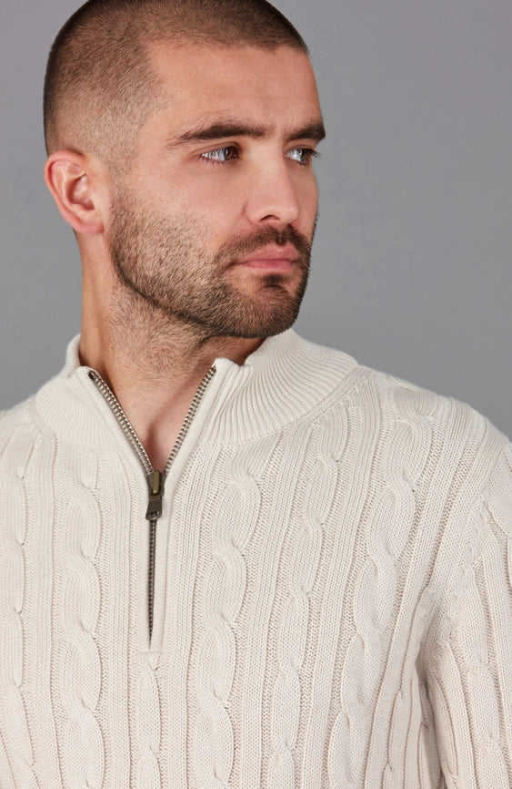 Mens Midweight Cotton Cable Zip Neck Jumper Ecru-Jumper-Paul James Knitwear-S-Ecru-Urbanheer