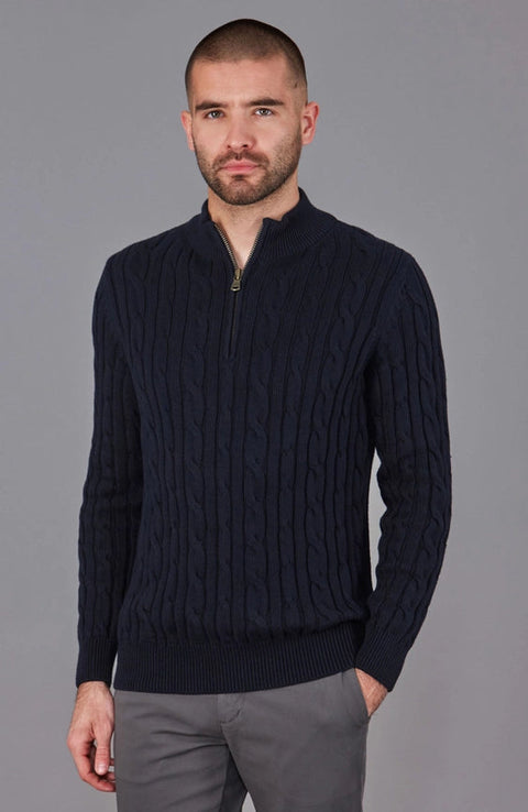 Mens Midweight Cotton Cable Zip Neck Jumper Navy-Jumper-Paul James Knitwear-S-Navy-Urbanheer