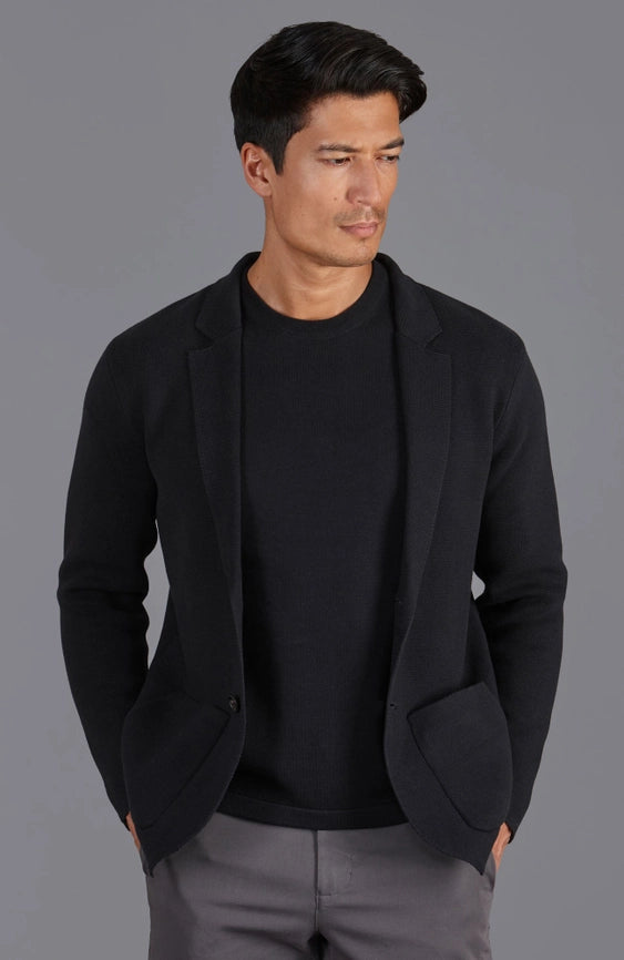 Mens Midweight Cotton Deconstructed Knitted Blazer Black-Blazer-Paul James Knitwear-S-Regular-Urbanheer