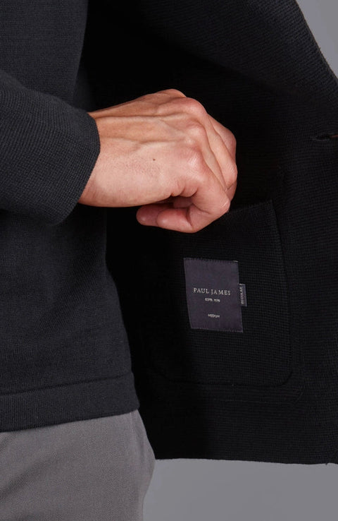 Mens Midweight Cotton Deconstructed Knitted Blazer Black-Blazer-Paul James Knitwear-S-Regular-Urbanheer
