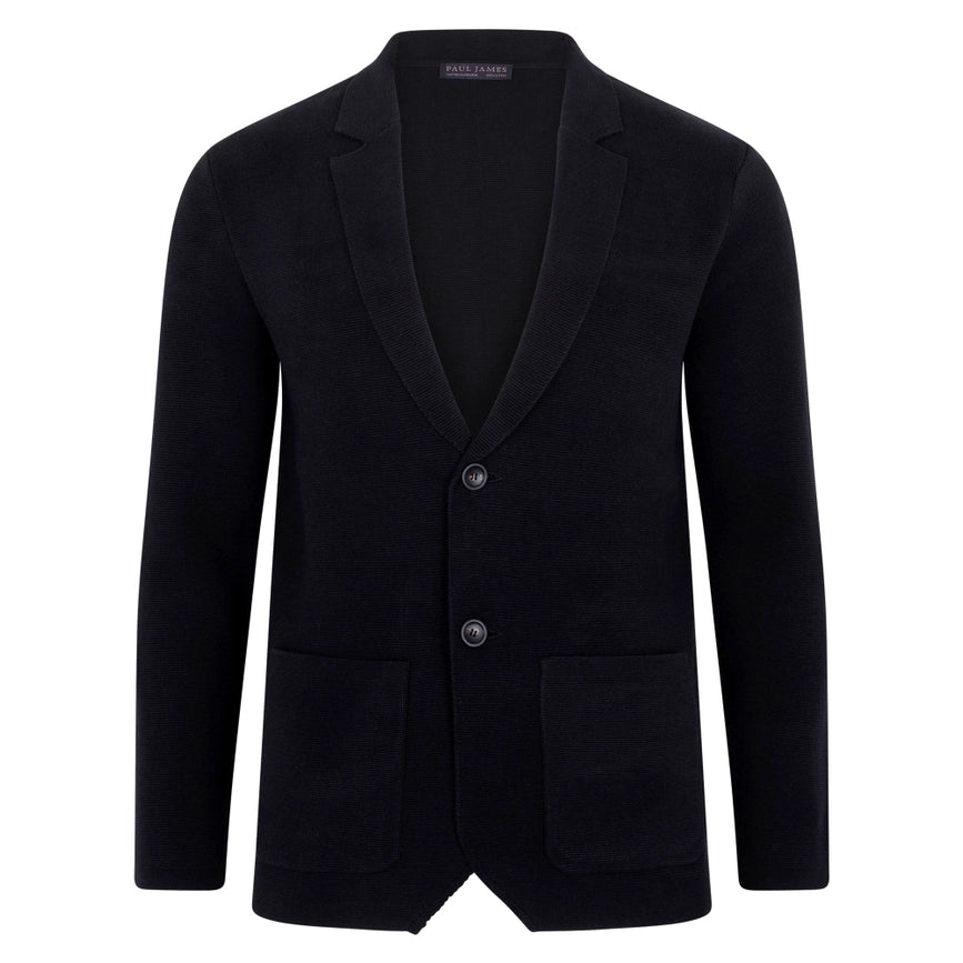 Mens Midweight Cotton Deconstructed Knitted Blazer Black-Blazer-Paul James Knitwear-S-Regular-Urbanheer