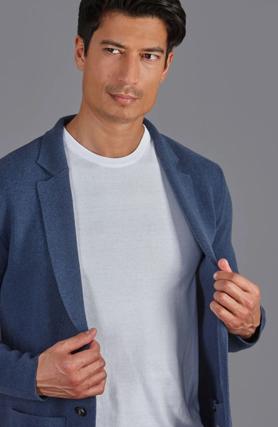 Mens Midweight Cotton Deconstructed Knitted Blazer Blue Melange-Blazer-Paul James Knitwear-XS-Regular-Urbanheer