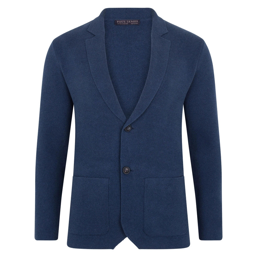 Mens Midweight Cotton Deconstructed Knitted Blazer Blue Melange-Blazer-Paul James Knitwear-XS-Regular-Urbanheer