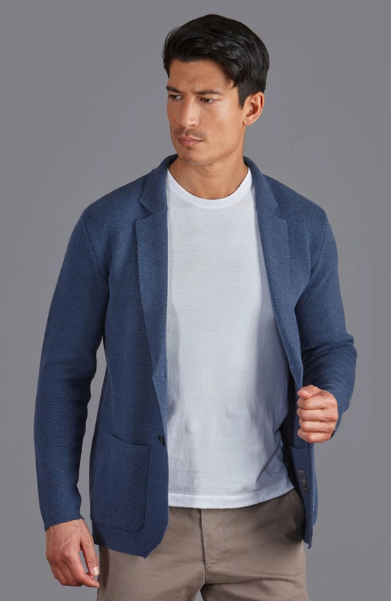 Mens Midweight Cotton Deconstructed Knitted Blazer Blue Melange-Blazer-Paul James Knitwear-XS-Regular-Urbanheer