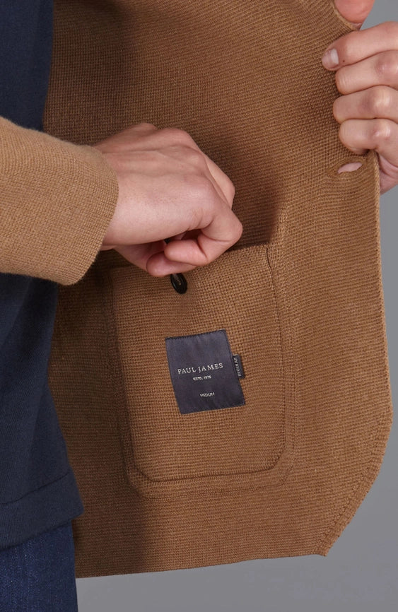 Mens Midweight Cotton Deconstructed Knitted Blazer Camel-Blazer-Paul James Knitwear-XS-Regular-Urbanheer