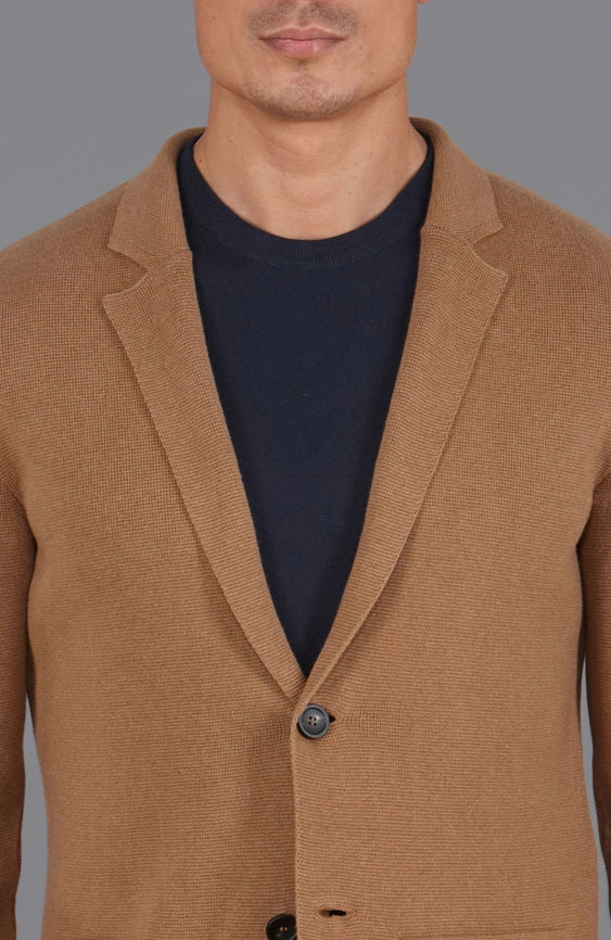 Mens Midweight Cotton Deconstructed Knitted Blazer Camel-Blazer-Paul James Knitwear-XS-Regular-Urbanheer