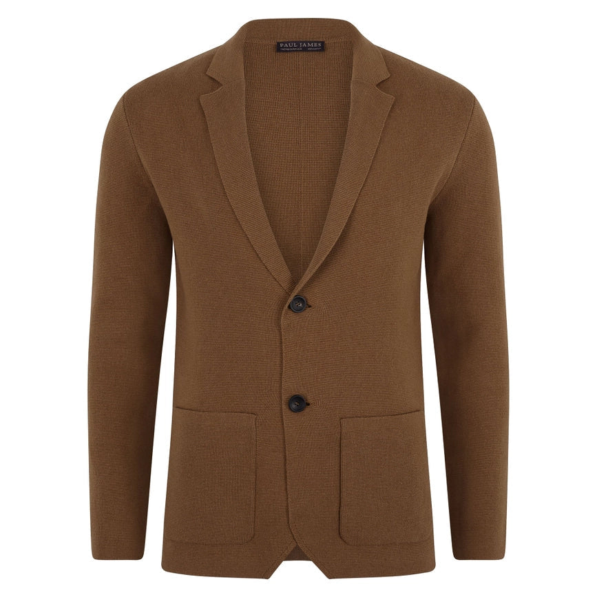 Mens Midweight Cotton Deconstructed Knitted Blazer Camel-Blazer-Paul James Knitwear-XS-Regular-Urbanheer
