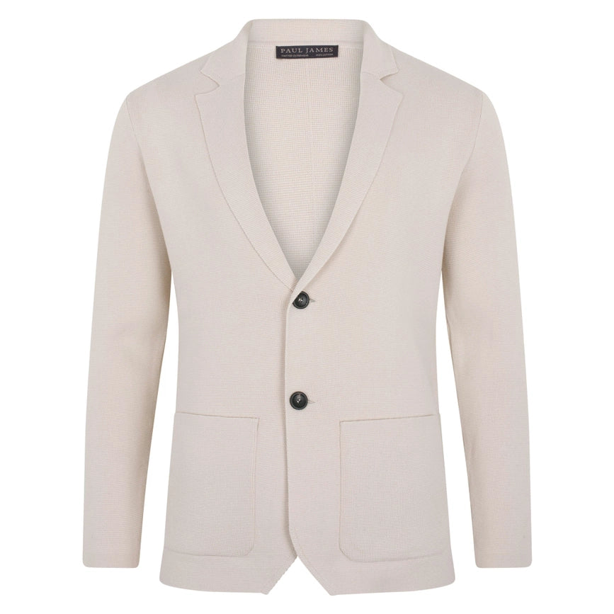 Mens Midweight Cotton Deconstructed Knitted Blazer Ecru-Blazer-Paul James Knitwear-XS-Short-Urbanheer