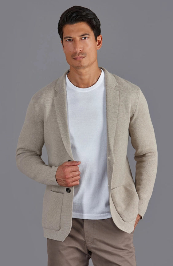 Mens Midweight Cotton Deconstructed Knitted Blazer Fawn-Blazer-Paul James Knitwear-XS-Regular-Urbanheer