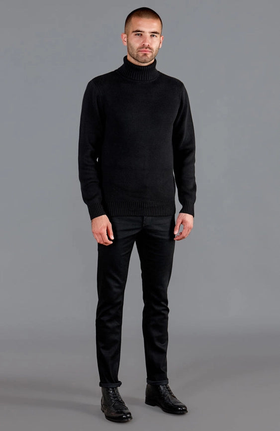 Mens Midweight Cotton Fitted Submariner Roll Neck Jumper Black-Jumper-Paul James Knitwear-S-Black-Urbanheer