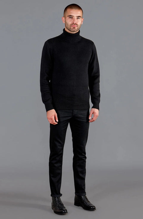 Mens Midweight Cotton Fitted Submariner Roll Neck Jumper Black-Jumper-Paul James Knitwear-S-Black-Urbanheer