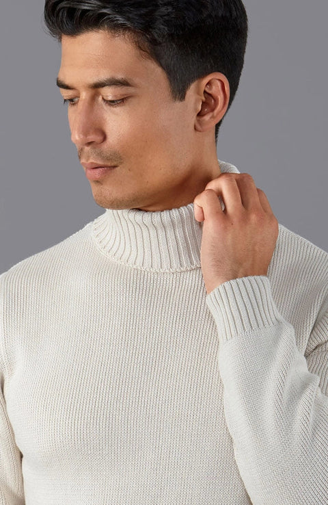 Mens Midweight Cotton Fitted Submariner Roll Neck Jumper Ecru-Jumper-Paul James Knitwear-S-Navy-Urbanheer