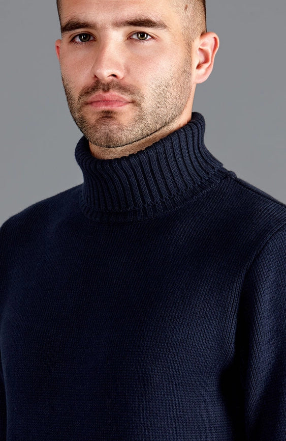 Mens Midweight Cotton Fitted Submariner Roll Neck Jumper Navy-Jumper-Paul James Knitwear-S-Navy-Urbanheer