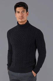 Mens Midweight Cotton Roll Neck Cable Jumper Black-Jumper-Paul James Knitwear-S-Black-Urbanheer
