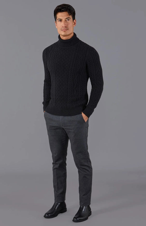 Mens Midweight Cotton Roll Neck Cable Jumper Black-Jumper-Paul James Knitwear-S-Black-Urbanheer