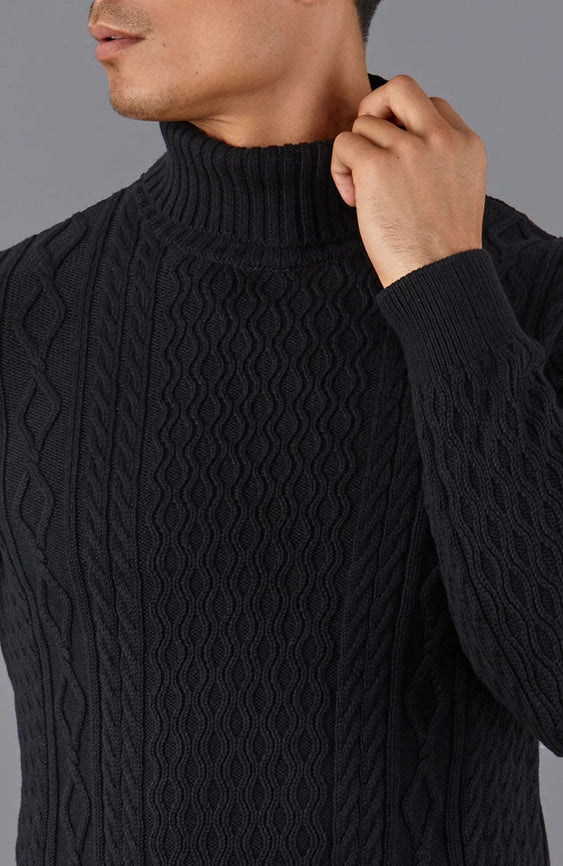 Mens Midweight Cotton Roll Neck Cable Jumper Black-Jumper-Paul James Knitwear-S-Black-Urbanheer