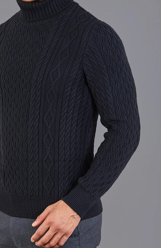 Mens Midweight Cotton Roll Neck Cable Jumper Black-Jumper-Paul James Knitwear-S-Black-Urbanheer