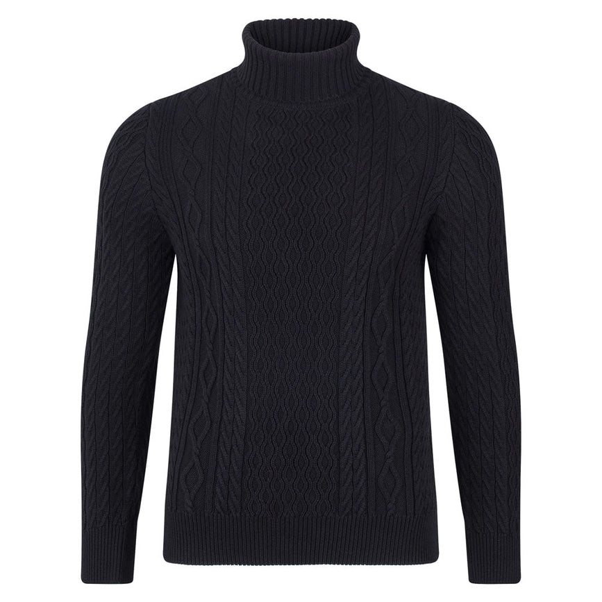 Mens Midweight Cotton Roll Neck Cable Jumper Black-Jumper-Paul James Knitwear-S-Black-Urbanheer