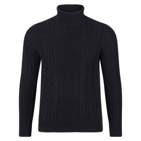 Mens Midweight Cotton Roll Neck Cable Jumper Black-Jumper-Paul James Knitwear-S-Black-Urbanheer