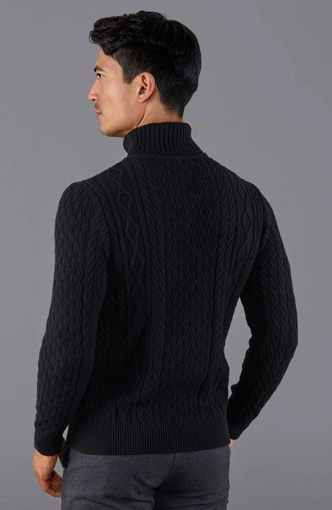 Mens Midweight Cotton Roll Neck Cable Jumper Black-Jumper-Paul James Knitwear-S-Black-Urbanheer