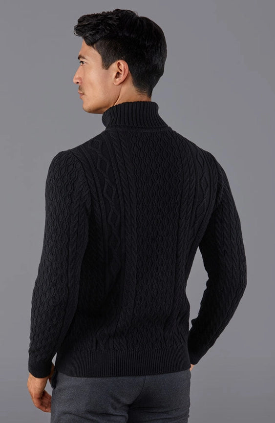 Mens Midweight Cotton Roll Neck Cable Jumper Black-Jumper-Paul James Knitwear-S-Black-Urbanheer