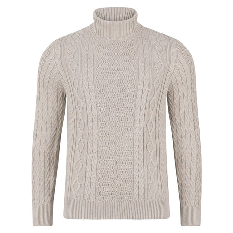 Mens Midweight Cotton Roll Neck Cable Jumper Fawn-Jumper-Paul James Knitwear-S-Fawn-Urbanheer