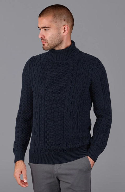 Mens Midweight Cotton Roll Neck Cable Jumper Navy-Jumper-Paul James Knitwear-S-Navy-Urbanheer