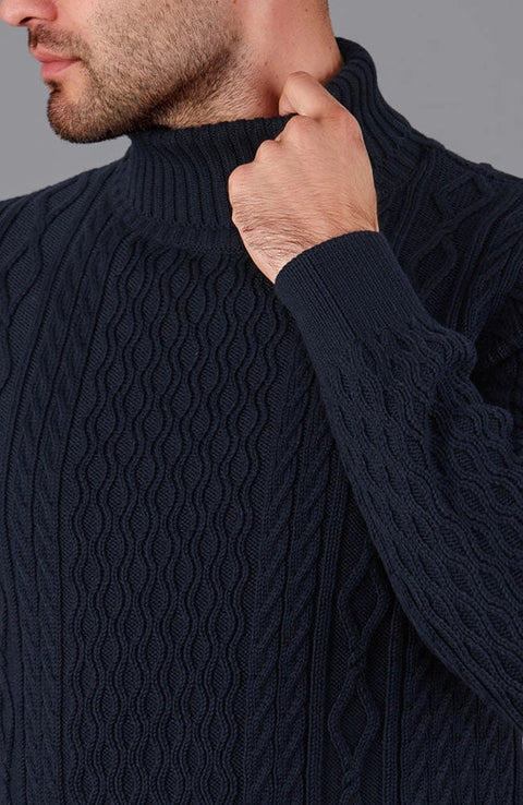 Mens Midweight Cotton Roll Neck Cable Jumper Navy-Jumper-Paul James Knitwear-S-Navy-Urbanheer