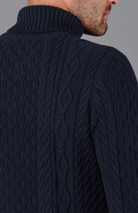 Mens Midweight Cotton Roll Neck Cable Jumper Navy-Jumper-Paul James Knitwear-S-Navy-Urbanheer
