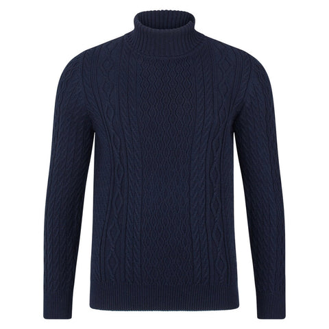 Mens Midweight Cotton Roll Neck Cable Jumper Navy-Jumper-Paul James Knitwear-S-Navy-Urbanheer