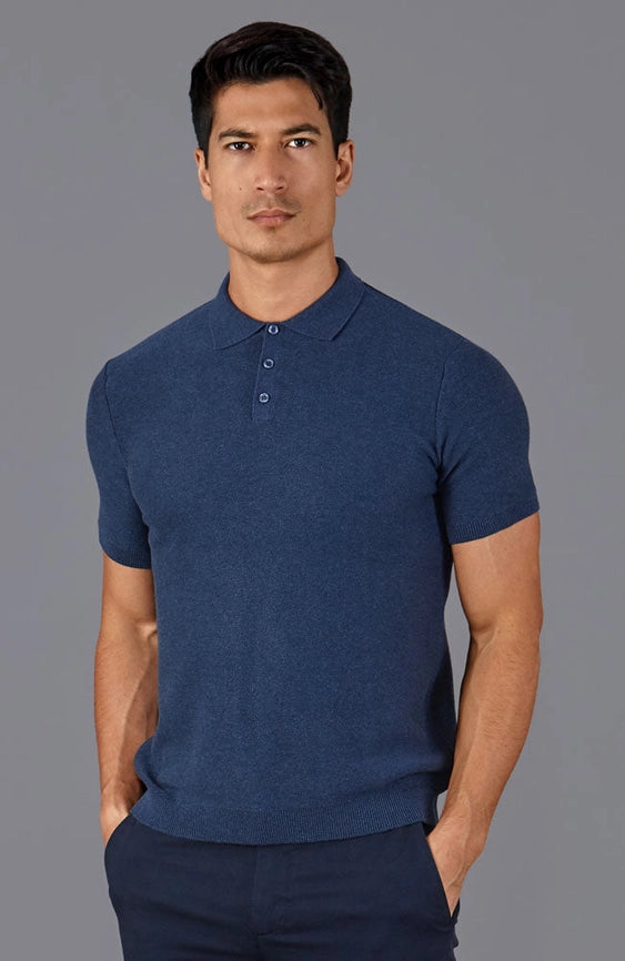 Mens Midweight Cotton Short Sleeve Polo Shirt-Polo Shirt-Paul James Knitwear-S-Blue Melange-Urbanheer