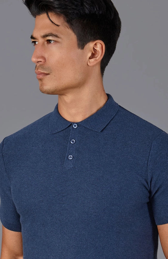 Mens Midweight Cotton Short Sleeve Polo Shirt-Polo Shirt-Paul James Knitwear-S-Blue Melange-Urbanheer