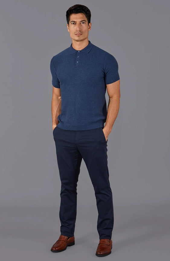 Mens Midweight Cotton Short Sleeve Polo Shirt-Polo Shirt-Paul James Knitwear-S-Blue Melange-Urbanheer