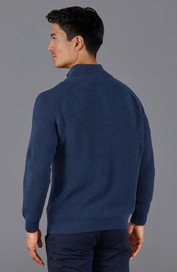 Mens Midweight Cotton Zip Neck Jumper Blue Melange-Jumper-Paul James Knitwear-S-Urbanheer