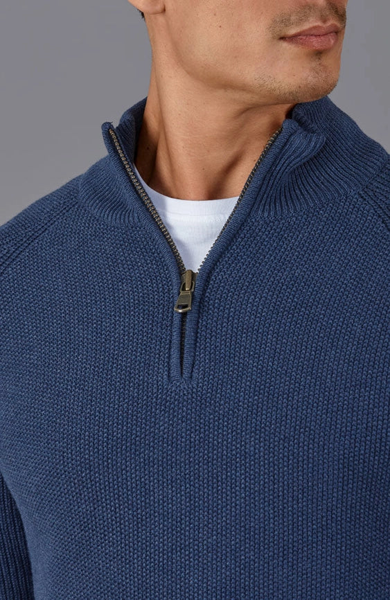 Mens Midweight Cotton Zip Neck Jumper Blue Melange-Jumper-Paul James Knitwear-S-Urbanheer