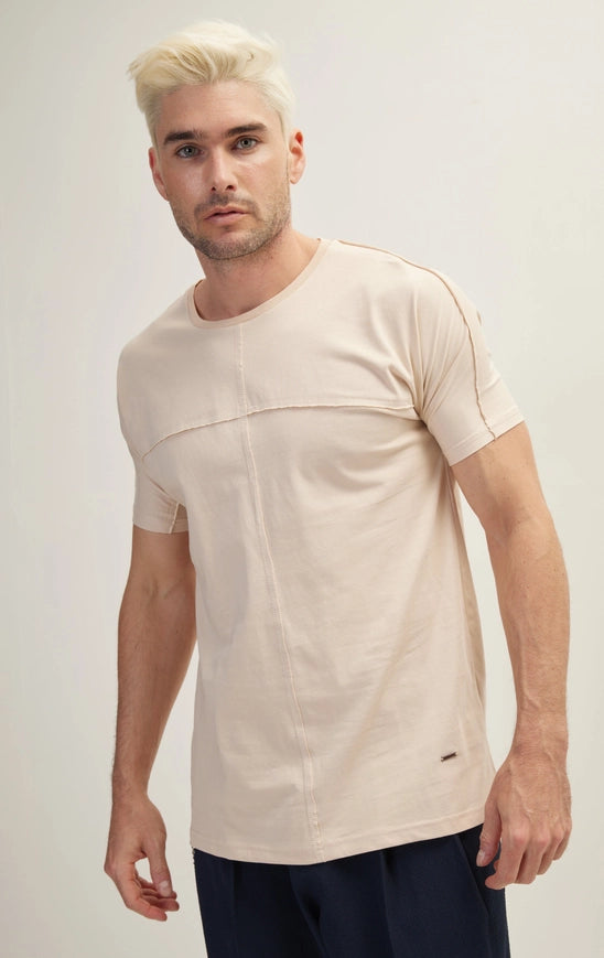 Men's Pure Cotton Crew Neck Raw Edge T-Shirt - Stone-T-Shirt-Ron Tomson-Urbanheer