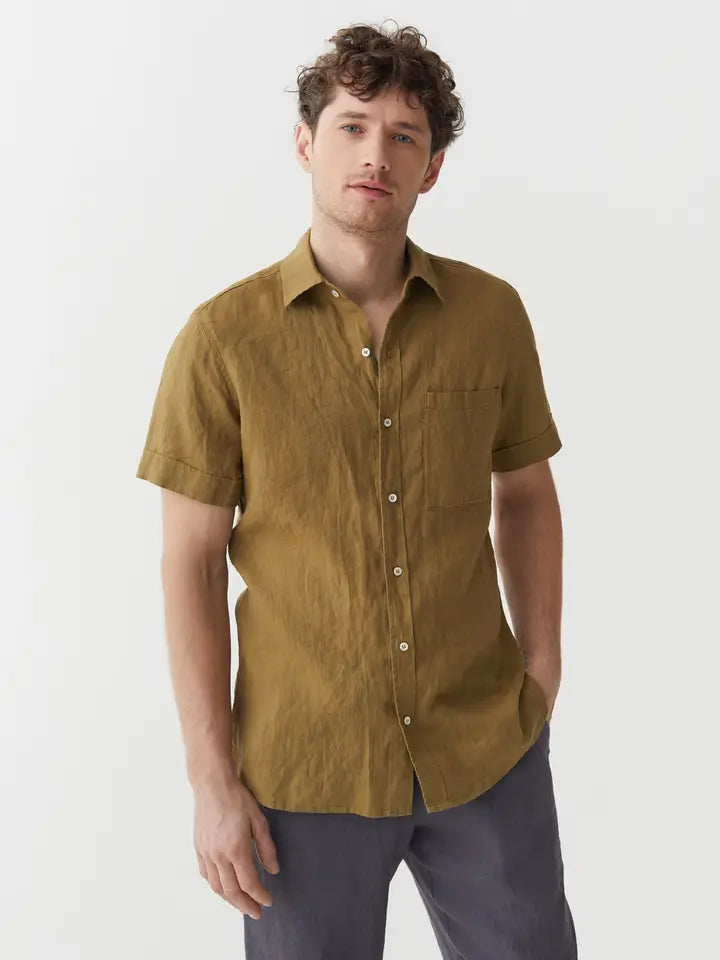 Men's Short Sleeves Linen Shirt Verbier in Khaki Green-Shirt-MagicLinen-S-Khaki Green-Urbanheer