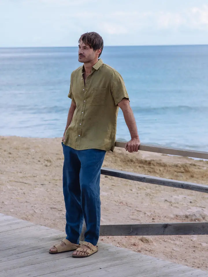 Men's Short Sleeves Linen Shirt Verbier in Khaki Green-Shirt-MagicLinen-S-Khaki Green-Urbanheer