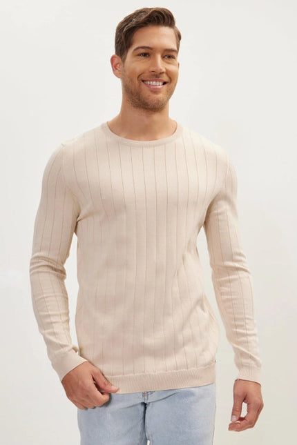 Men'S Slip-Stitch Crew Neck Long Sleeve Sweater - Beige