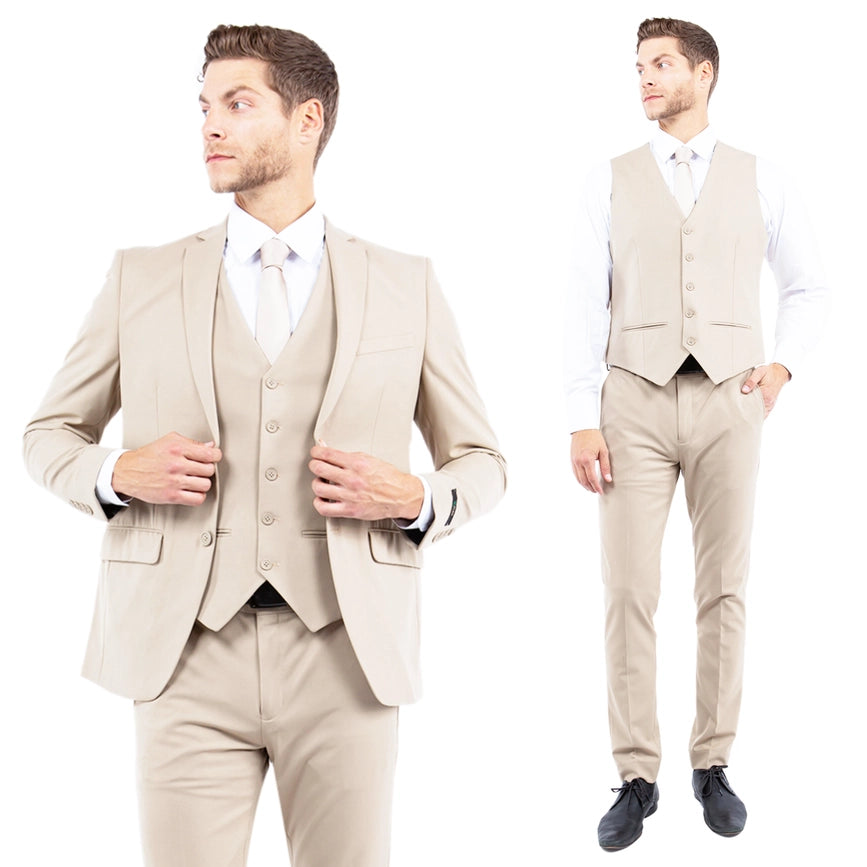 Mens Suit 4-Way Stretch 3pc w/ Expandable Waistband, Tan-Suits-Suits America-34R-Tan-Urbanheer