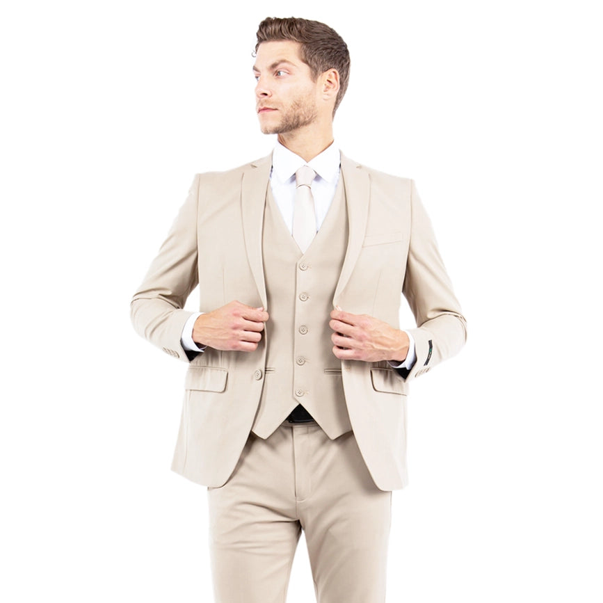 Mens Suit 4-Way Stretch 3pc w/ Expandable Waistband, Tan-Suits-Suits America-34R-Tan-Urbanheer