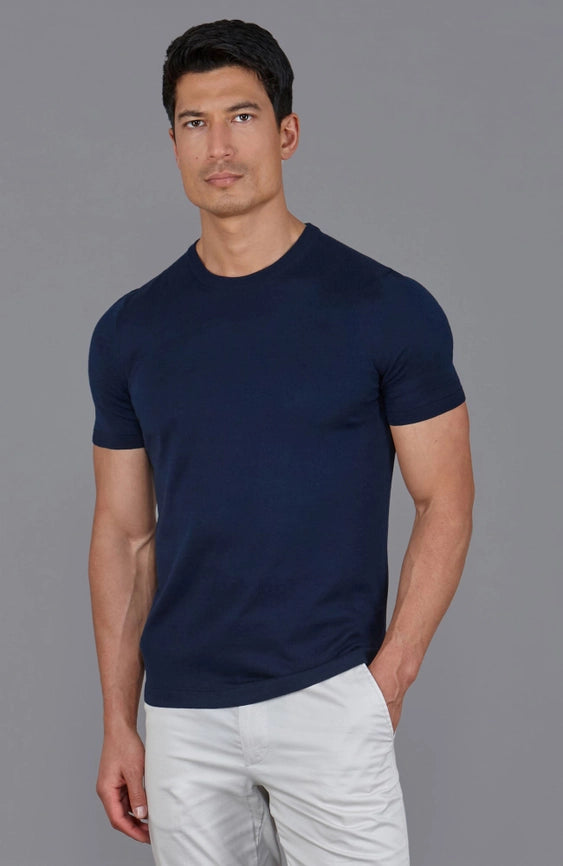 Mens Superfine Mercerised Cotton Knitted T-Shirt Navy-T-Shirt-Paul James Knitwear-S-Navy-Urbanheer