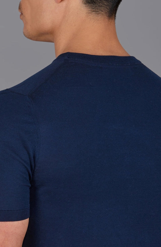 Mens Superfine Mercerised Cotton Knitted T-Shirt Navy-T-Shirt-Paul James Knitwear-S-Navy-Urbanheer